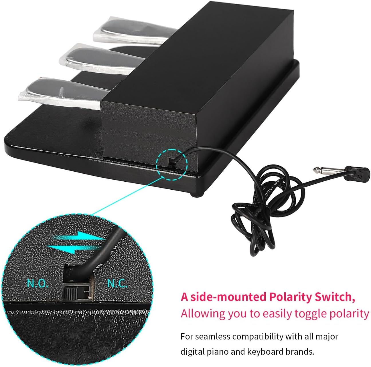 Universal Triple Sustain Pedal Unit for Digital Piano & MIDI Keyboards, 3-in-1 Full Sustain Function Pedal Board with 1/4" (6.35mm) Plug & Polarity Switch - Image 5