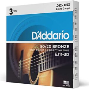 D'Addario Acoustic Guitar Strings, 80/20 Bronze, EJ11-3D, Light Gauge 12-53, 6-String Set, Pack of 3