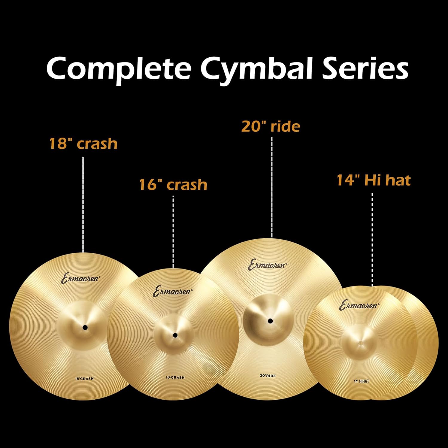 Cymbal Pack, 5 Pieces Drum Cymbals Set,14" Hi Hat Cymbals, 16" Crash and 18" Crash Cymbals, 20" Ride Cymbals for Drums Set - Image 7